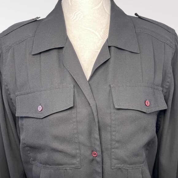 Vintage Black Button-Up Blouse Pleated Pockets 70s Poly Size Small - Picture 2 of 10